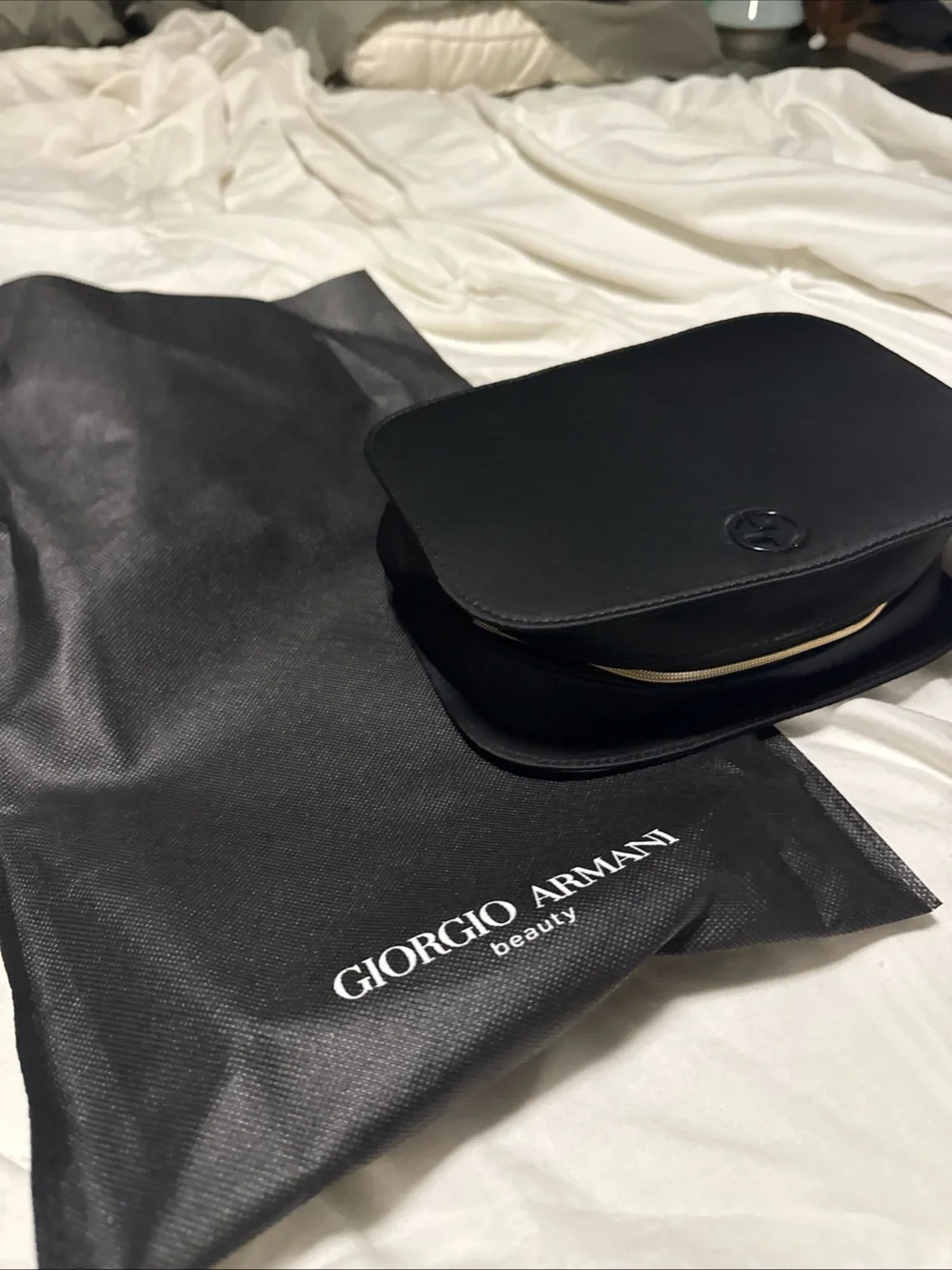 Giorgio Armani Black Leather Crossbody with Gold Zip Accent